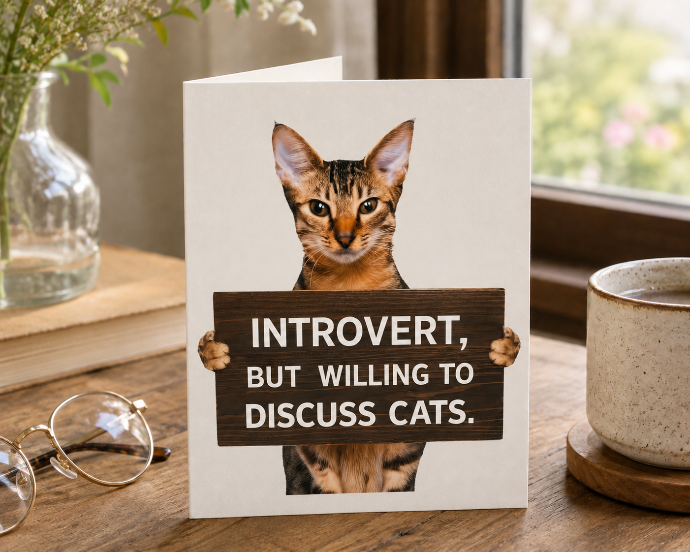 Funny Cat Notecard — "Introvert Willing to Discuss Cats" | Blank Inside | Single Card or Set (Copy)