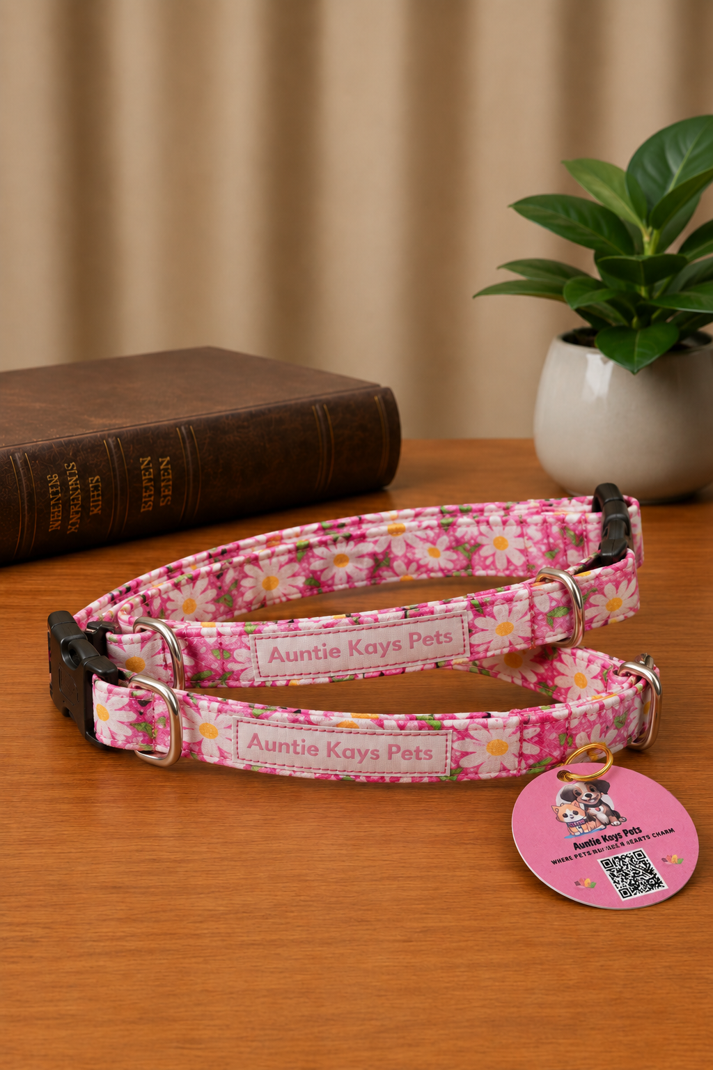 Handmade Dog Collar – Pink Daisy Floral | Adjustable Fabric Collar | Auntie Kays Pets Hamilton Ontario