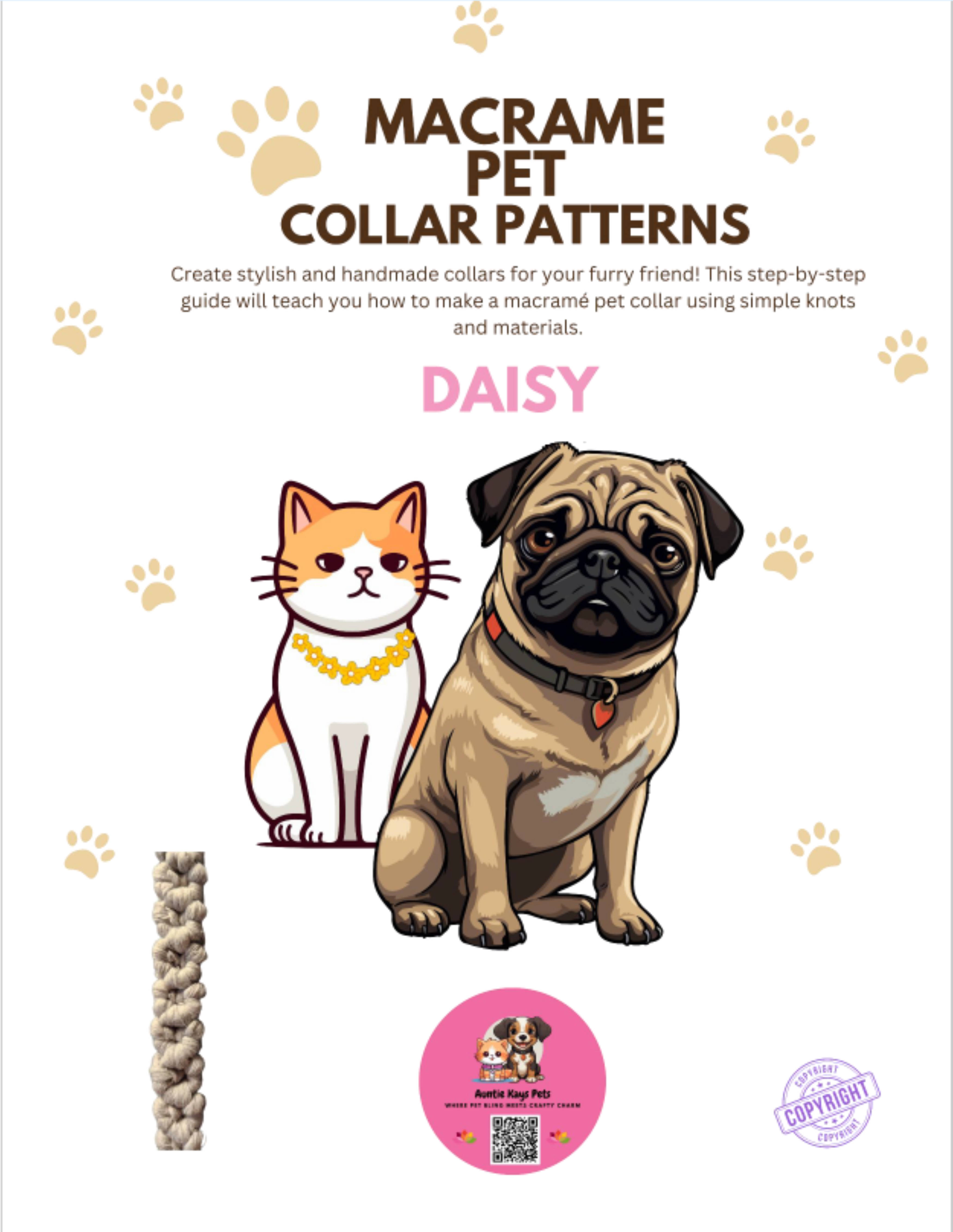 Daisy 1 Colour Digital Download Macrame Pet Collar PDF Pattern - Beginner Friendly - Full colour photos